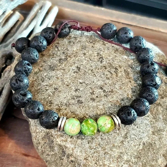 Handcrafted Chakra Bracelet Green Aqua Terra Jasper Black Lava - Picture 2 of 7